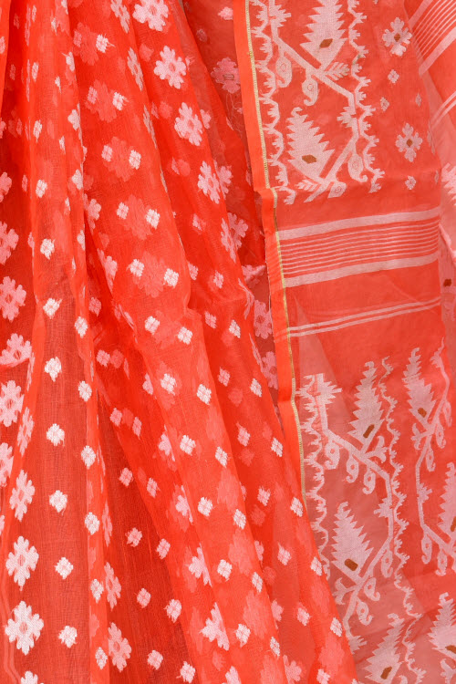 Orange Handlwoven Jamdani Tant Cotton Saree 17013