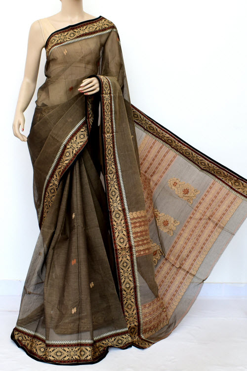 Chocolate Brown Handwoven Tant Cotton Saree 17034