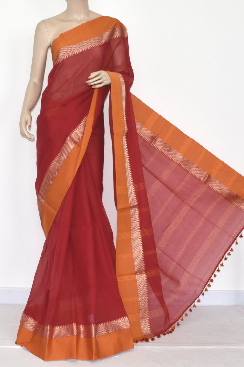 Red-Mustard Handwoven Tant Cotton Saree 17068