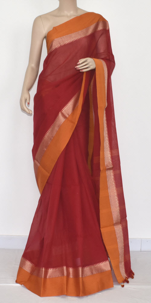 Red-Mustard Handwoven Tant Cotton Saree 17068