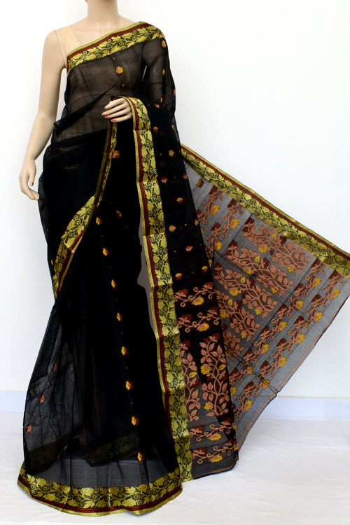 Black Handwoven Tant Cotton Saree 17121