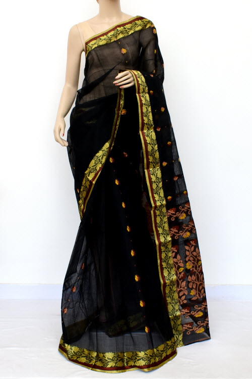 Black Handwoven Tant Cotton Saree 17121