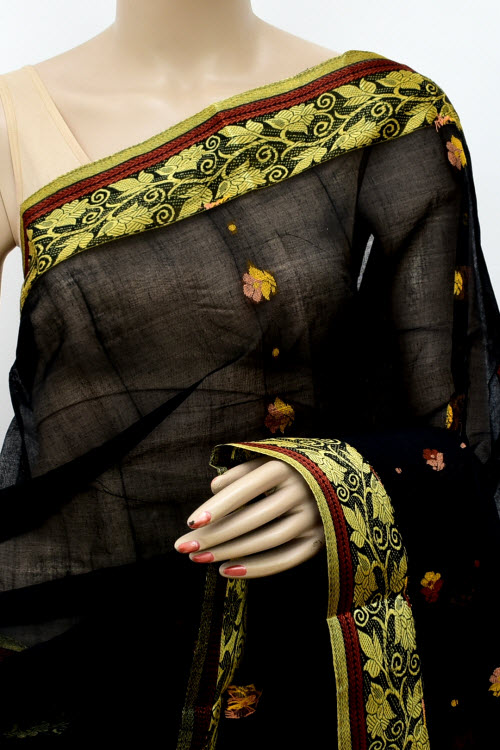 Black Handwoven Tant Cotton Saree 17121