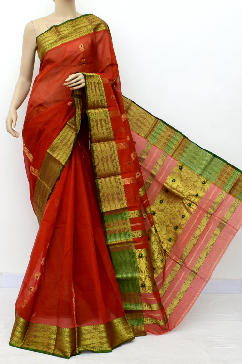 Rust Handwoven Tant Cotton Saree 17123