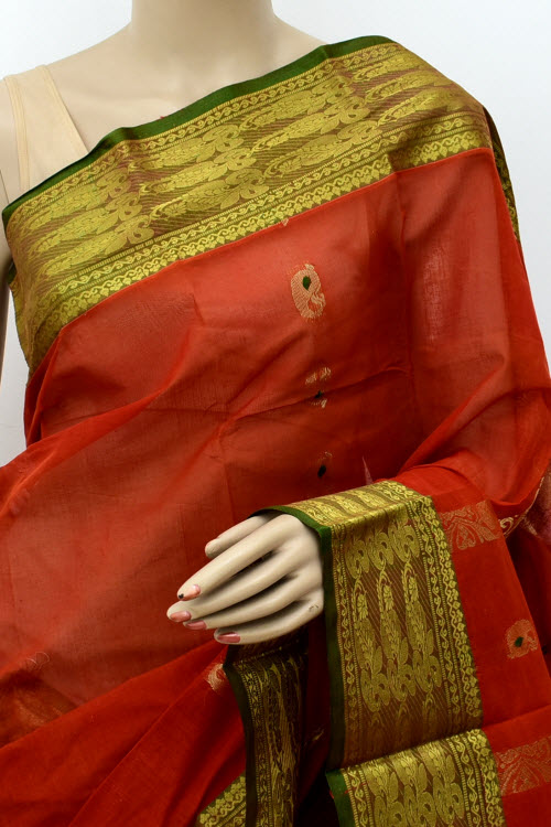 Rust Handwoven Tant Cotton Saree 17123