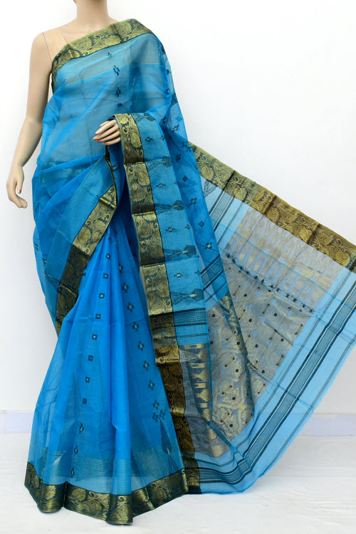 Pherozi Blue Handwoven Tant Cotton Saree 17130