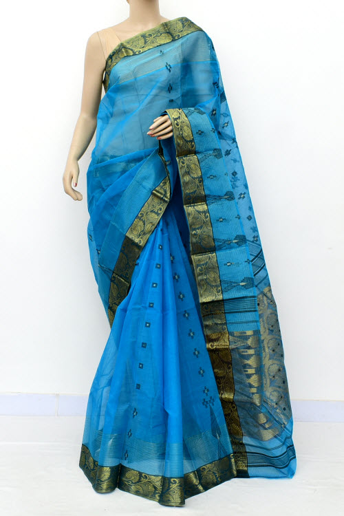 Pherozi Blue Handwoven Tant Cotton Saree 17130