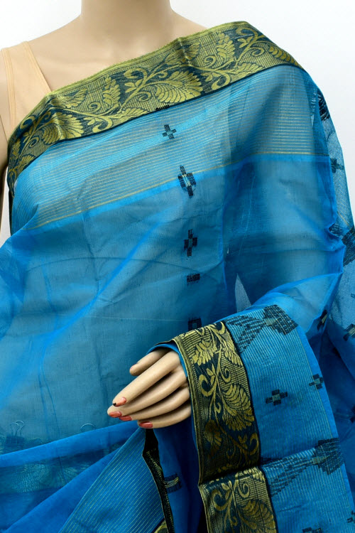 Pherozi Blue Handwoven Tant Cotton Saree 17130
