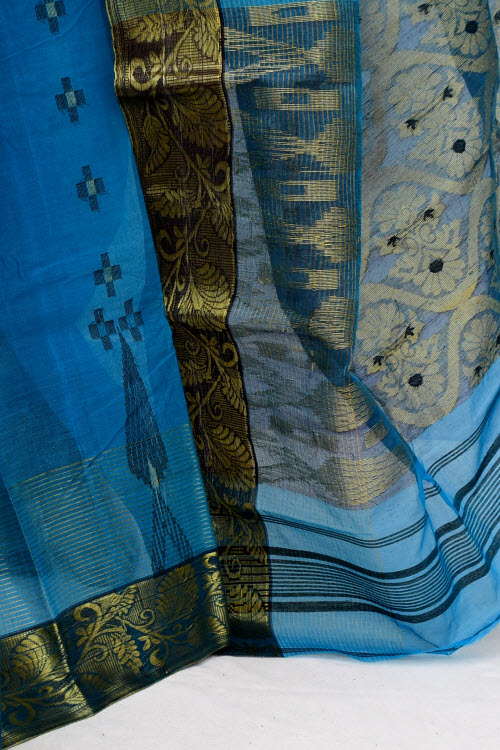 Pherozi Blue Handwoven Tant Cotton Saree 17130