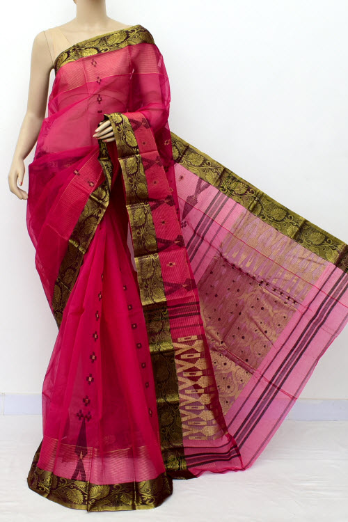 Pinkish Magenta Handwoven Tant Cotton Saree 17132