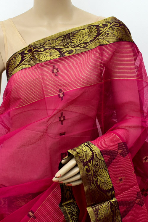 Pinkish Magenta Handwoven Tant Cotton Saree 17132