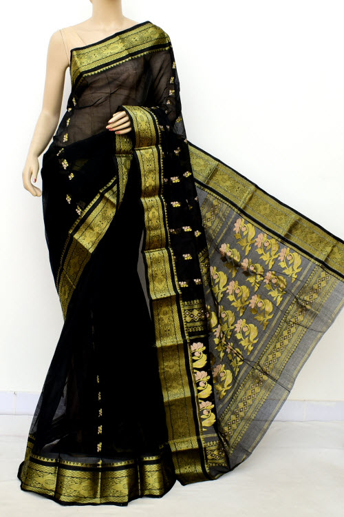 Black Handwoven Tant Cotton Saree 17141