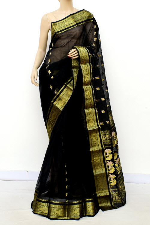 Black Handwoven Tant Cotton Saree 17141