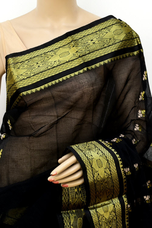 Black Handwoven Tant Cotton Saree 17141