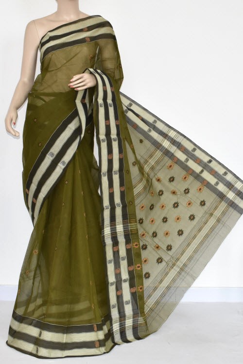 Mehndi Green Handwoven Tant Cotton Saree 17151