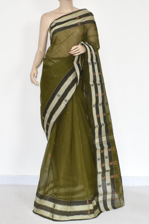 Mehndi Green Handwoven Tant Cotton Saree 17151