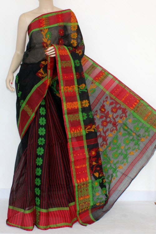 Black-Red Handwoven Tant Cotton Saree 17156