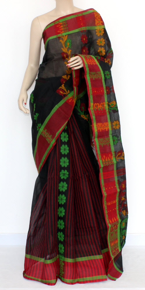 Black-Red Handwoven Tant Cotton Saree 17156