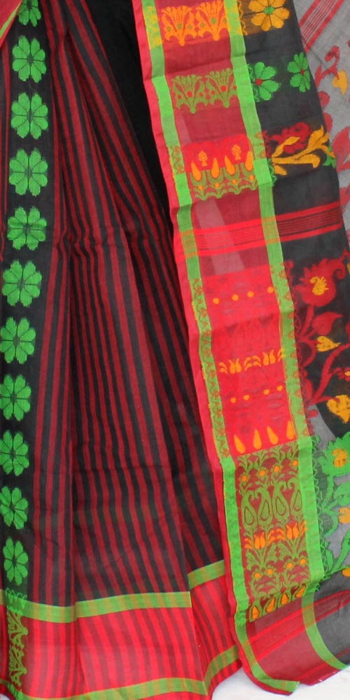 Black-Red Handwoven Tant Cotton Saree 17156