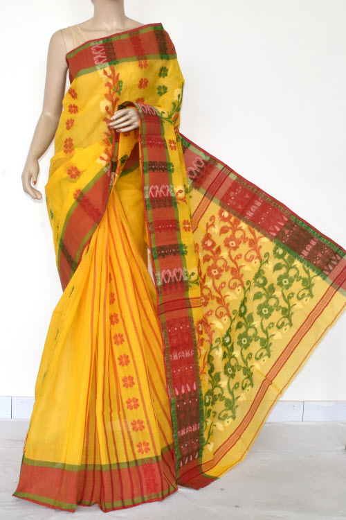 Yellow-Red Handwoven Tant Cotton Saree 17160