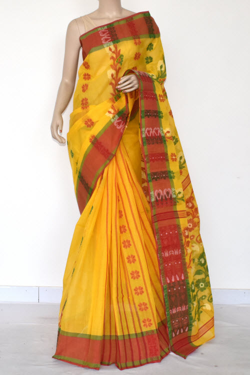 Yellow-Red Handwoven Tant Cotton Saree 17160