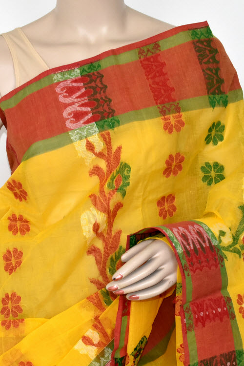 Yellow-Red Handwoven Tant Cotton Saree 17160