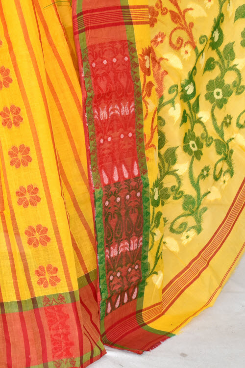 Yellow-Red Handwoven Tant Cotton Saree 17160