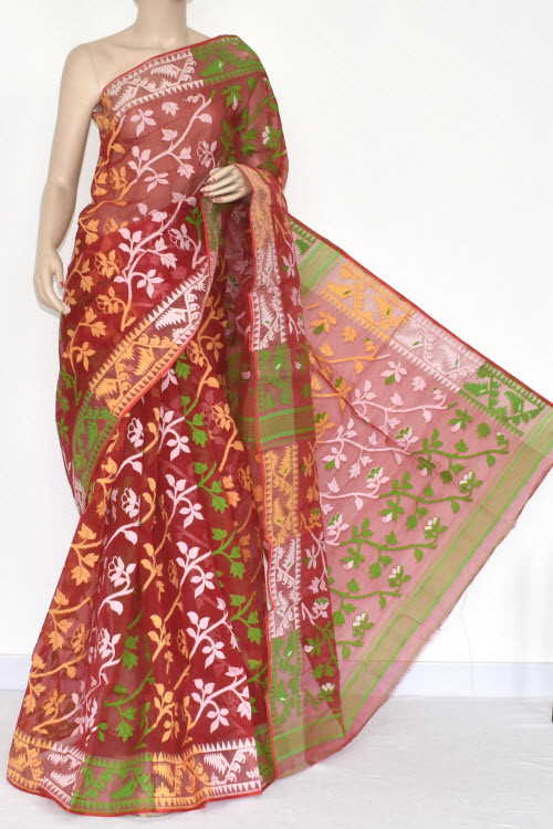 Red Handlwoven Jamdani Tant Cotton Saree 17213