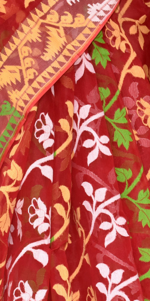 Red Handlwoven Jamdani Tant Cotton Saree 17213