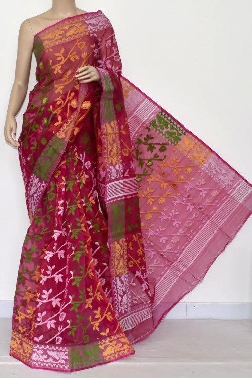 Rani Pink Handlwoven Jamdani Tant Cotton Saree 17221
