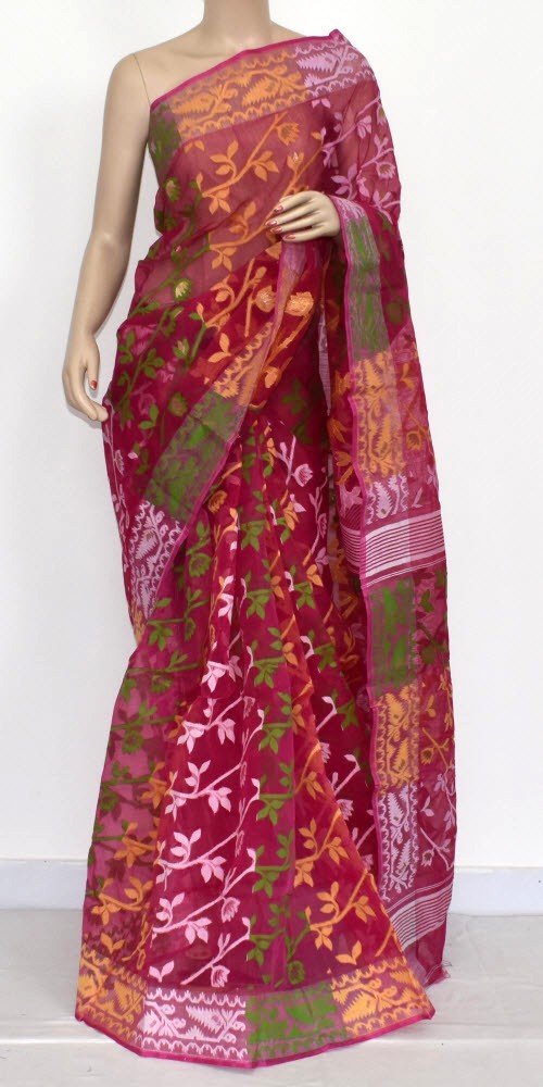 Rani Pink Handlwoven Jamdani Tant Cotton Saree 17221
