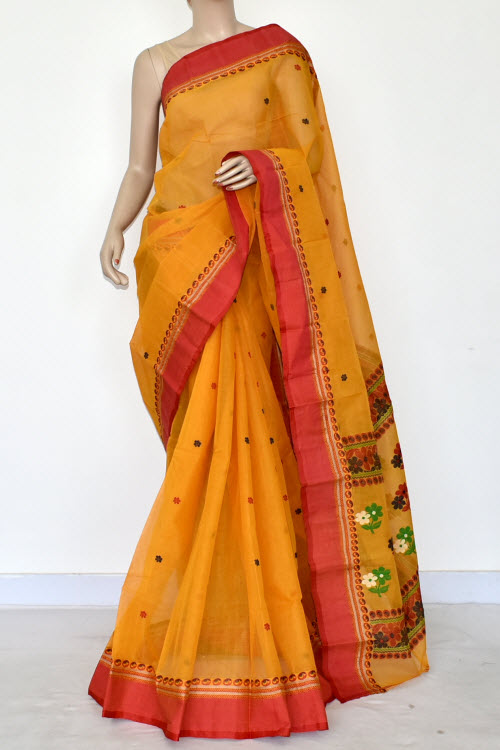 Yellow Handwoven Tant Cotton Saree 17241