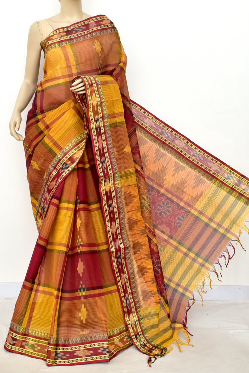 Yellow-Maroon Handwoven Tant Cotton Saree 17256