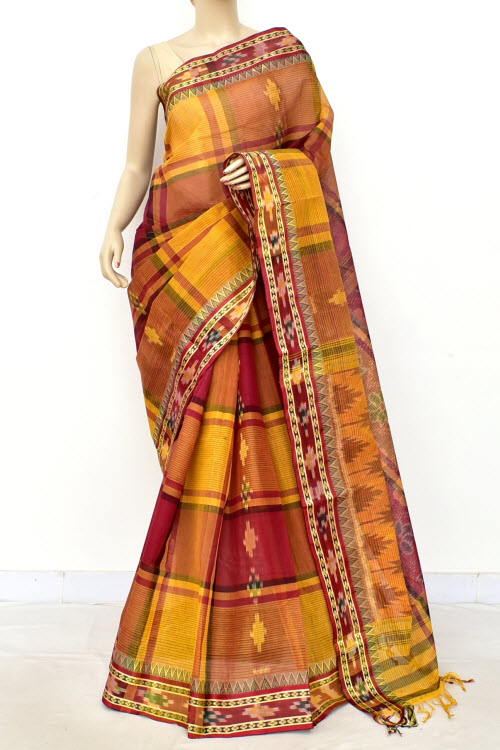 Yellow-Maroon Handwoven Tant Cotton Saree 17256