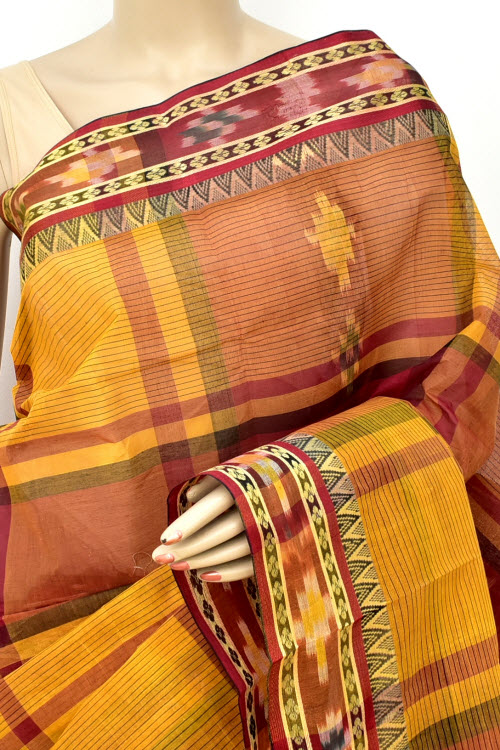 Yellow-Maroon Handwoven Tant Cotton Saree 17256