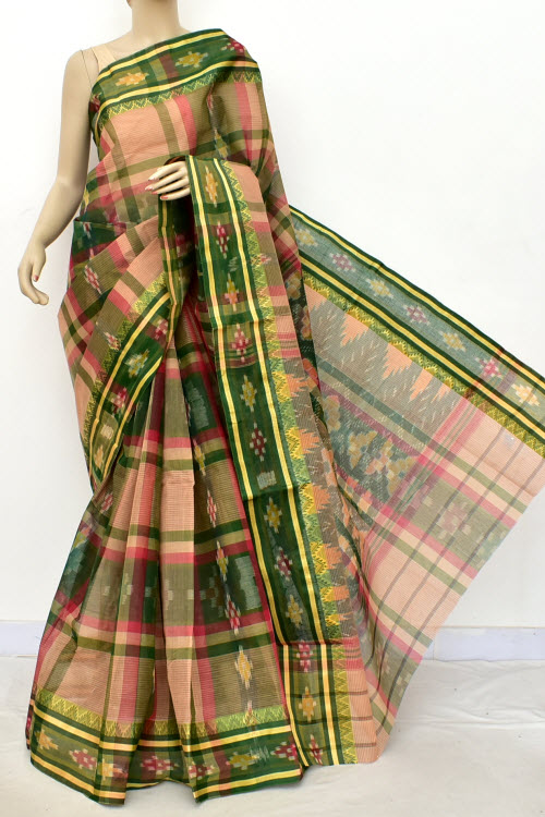 Mehndi Green-Fawn Handwoven Tant Cotton Saree 17262