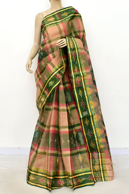 Mehndi Green-Fawn Handwoven Tant Cotton Saree 17262