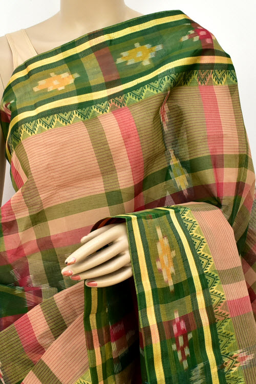 Mehndi Green-Fawn Handwoven Tant Cotton Saree 17262