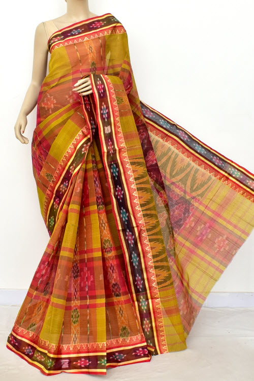 Mehndi Green-Red Handwoven Tant Cotton Saree 17266