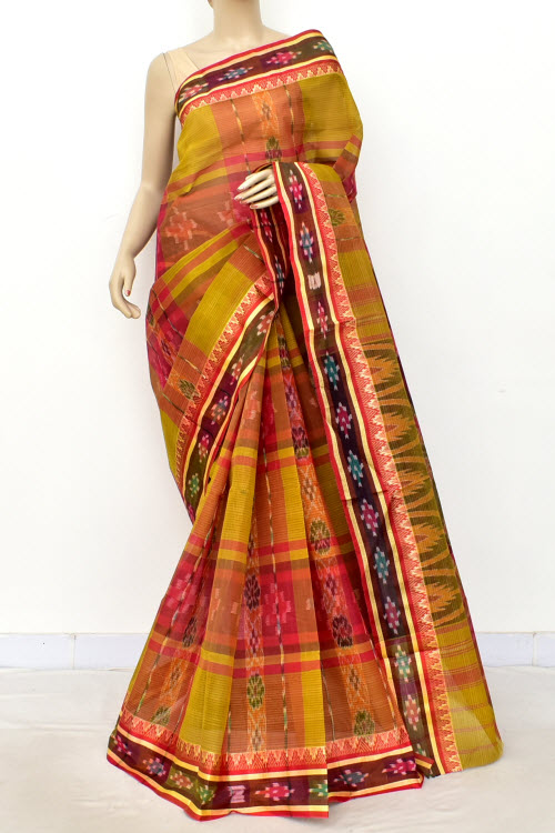 Mehndi Green-Red Handwoven Tant Cotton Saree 17266
