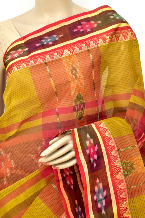 Mehndi Green-Red Handwoven Tant Cotton Saree 17266