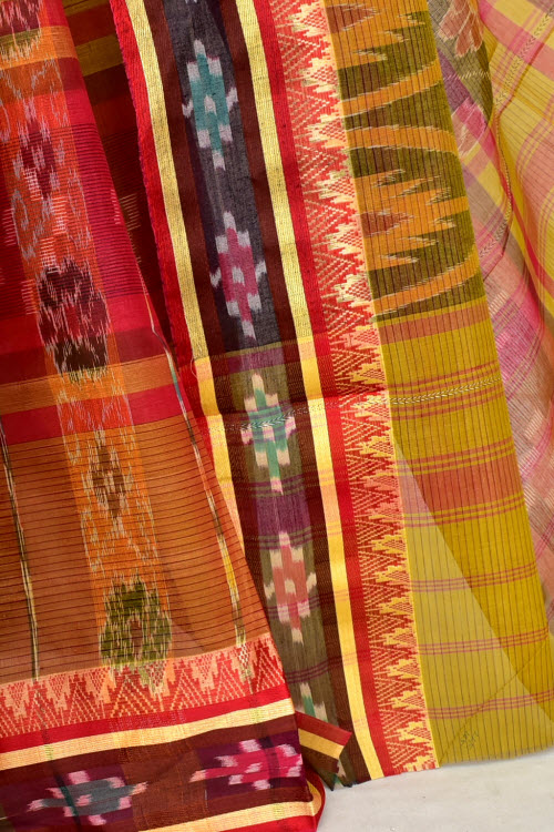 Mehndi Green-Red Handwoven Tant Cotton Saree 17266