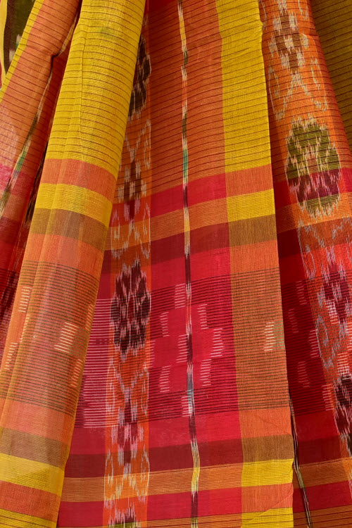 Mehndi Green-Red Handwoven Tant Cotton Saree 17266