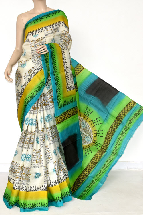 Cream Double Knitted Handloom Pure Silk Saree