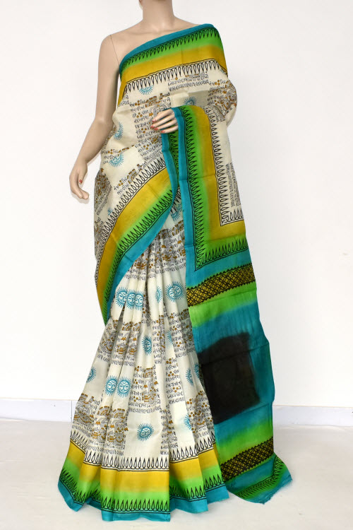Cream Double Knitted Handloom Pure Silk Saree