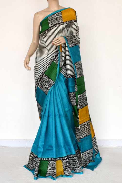 Sea Green Double Knitted Handloom Pure Silk Saree