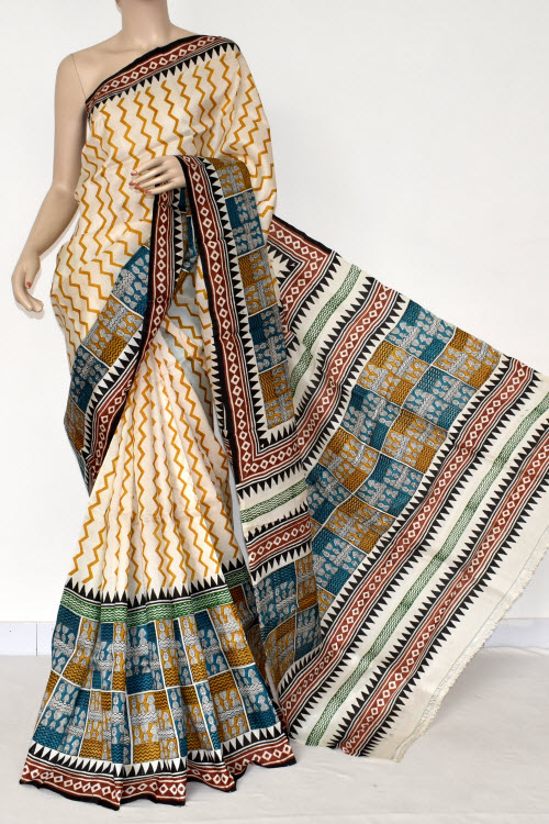 Cream-Brown Double Knitted Handloom Pure Silk Saree