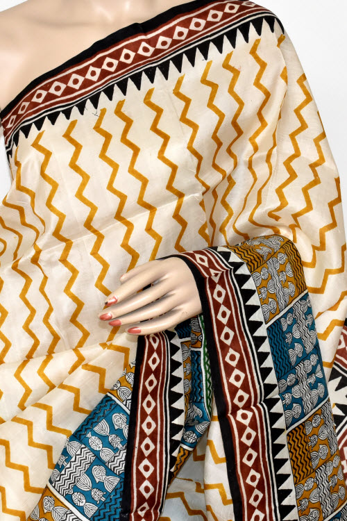 Cream-Brown Double Knitted Handloom Pure Silk Saree