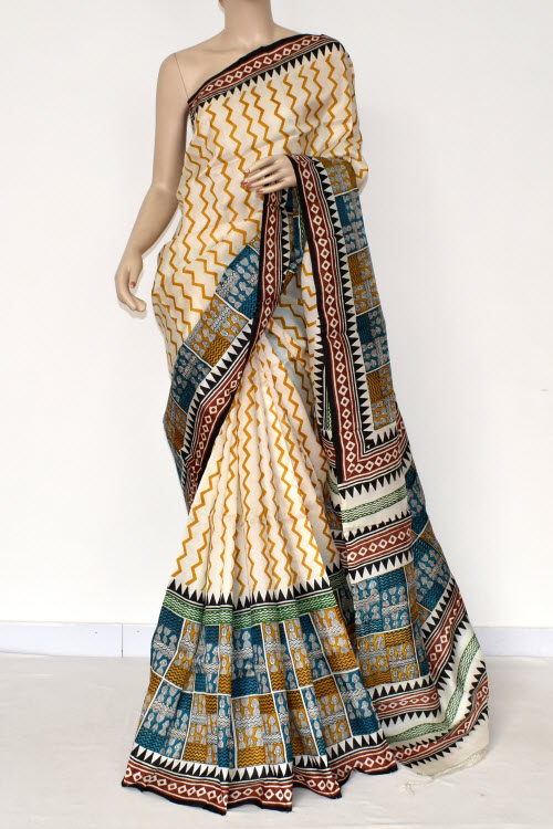 Cream-Brown Double Knitted Handloom Pure Silk Saree