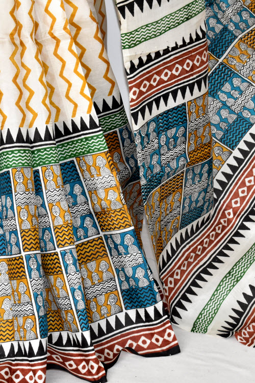 Cream-Brown Double Knitted Handloom Pure Silk Saree